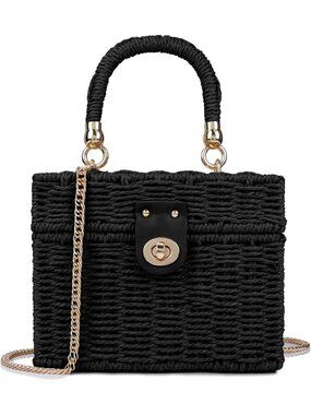 Women's Black Wicker Crossbody Shoulder Bag Straw Beach Tote Bag Top Handle